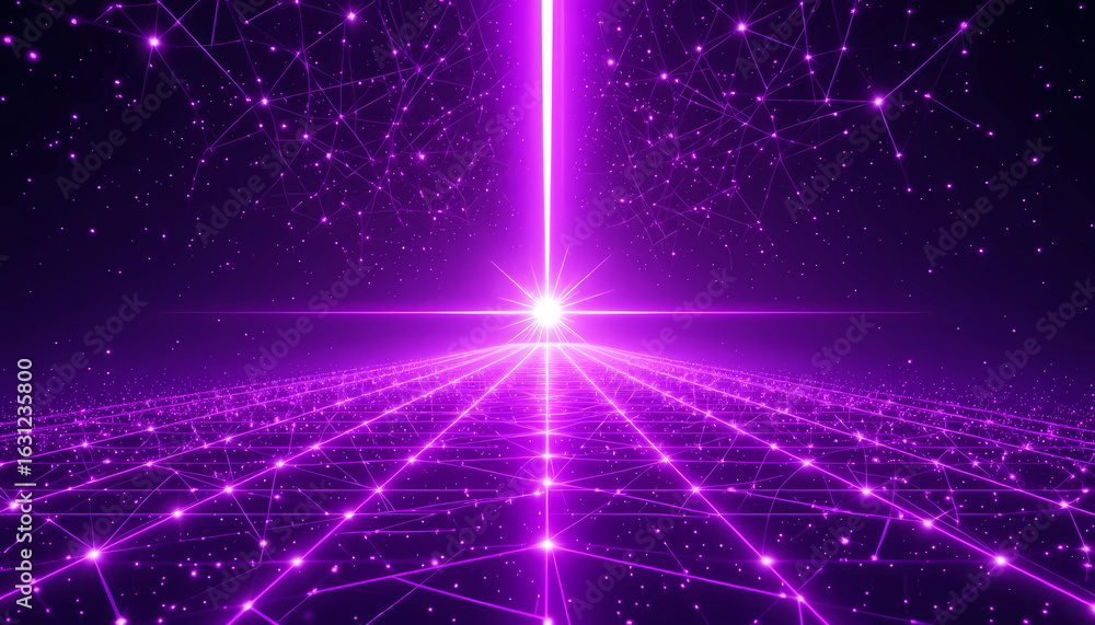 Poster purple abstract network with glowing lines and dots converging at a bright central point