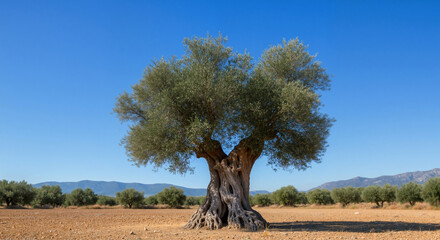 Ancient olive tree with thick trunk in dry landscape with mountains. Old tree survival in arid environment for nature conservation awareness campaigns