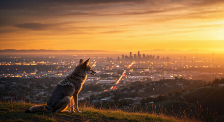 Coyote sitting on grassy hill overlooking city skyline at sunset. Urban wildlife adaptation to metropolitan environment for coexistence awareness campaigns