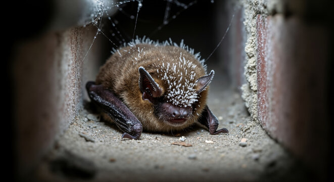Bat with frost covered fur resting in concrete shelter. Urban wildlife winter adaptation and hibernation for coexistence awareness campaigns