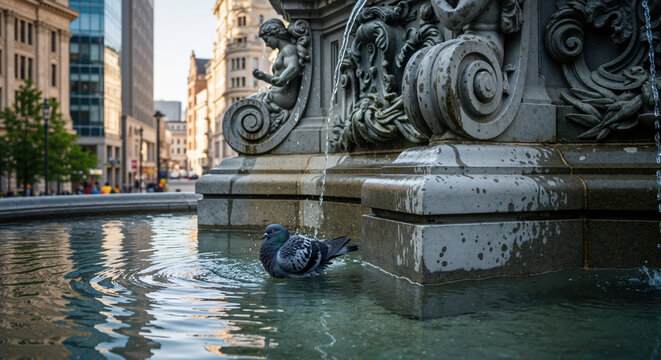 Pigeon bathes in ornate fountain water creating splash ripples. Urban bird hygiene behavior in city water feature for wildlife adaptation content