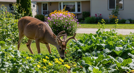 Deer grazing in residential garden with flowers and vegetables. Wildlife foraging behavior in suburban neighborhoods for coexistence awareness campaigns