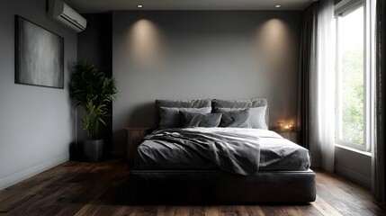 Cozy and minimalist gray toned bedroom with modern lighting