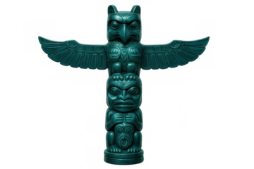 Turquoise totem pole with outstretched wings isolated on transparent background, representing native american art and culture
