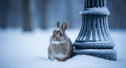 Rabbit sitting in snow next to ornamental lamppost. Urban wildlife winter adaptation to city park infrastructure for coexistence awareness campaigns