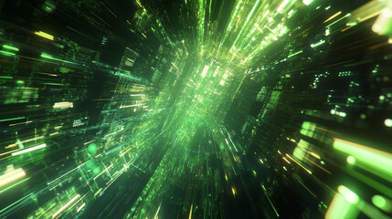 Obraz premium Green digital data stream futuristic tunnel fast travel speed light