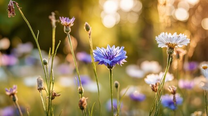 Obraz premium Delicate wildflowers in a meadow bathed in golden sunlight.