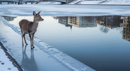 Deer standing by frozen water with city buildings reflection. Urban wildlife adaptation to metropolitan waterways for coexistence awareness campaigns