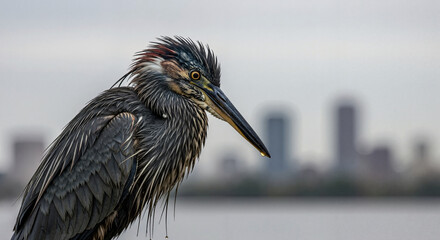 Heron bird stands against city skyline with blurred urban buildings background. Urban wildlife adapting to metropolitan waterfront for nature coexistence content