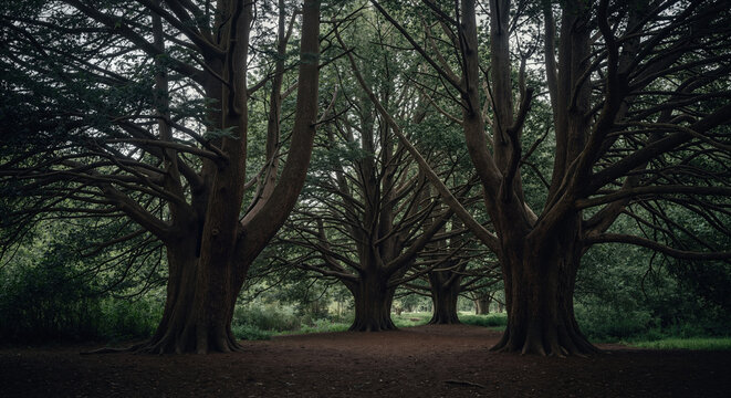 Large trees with spreading branches create natural canopy in forest environment. Woodland landscape for nature conservation and environmental protection content - Powered by Adobe