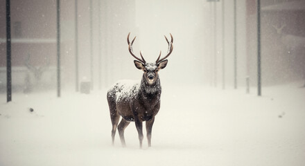 Deer standing in snowy urban landscape during winter storm. Wildlife survival in metropolitan environment for coexistence awareness campaigns