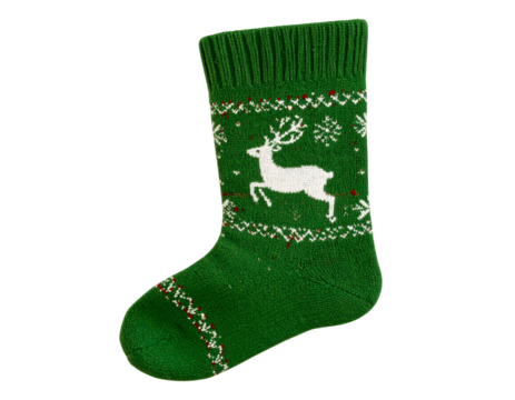 Empty Knitted Green Christmas Stocking with Reindeer Pattern, Side Hanging View, Isolated