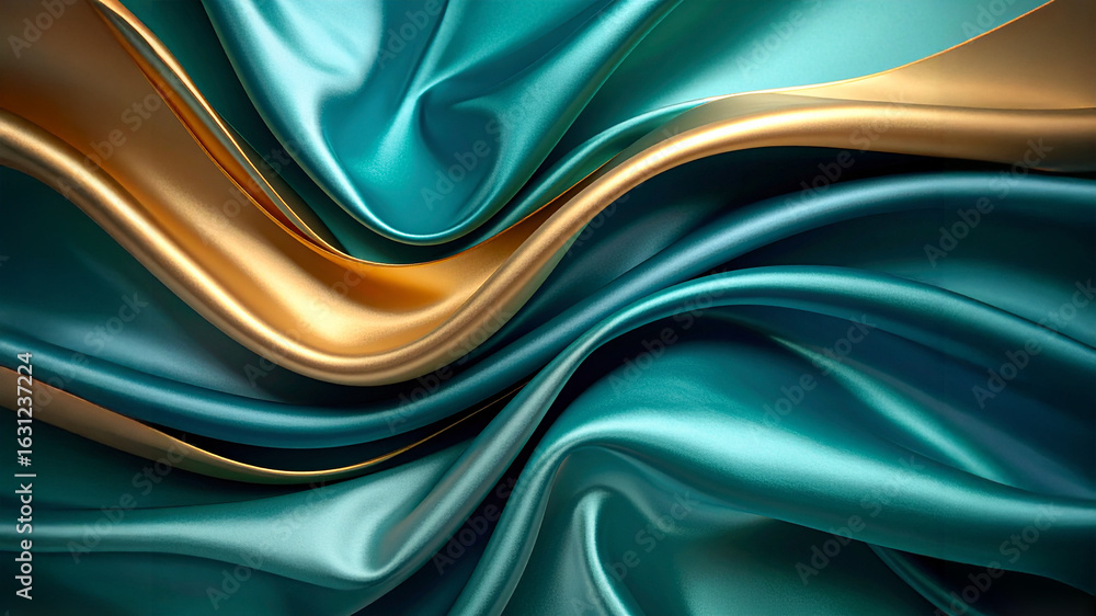 Poster luxurious teal and gold satin fabric draped in elegant folds, creating a rich and sensuous texture w