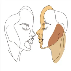 Foto auf Acrylglas Eine Linie Two faces in line art one in black and white and one in earth tones facing each  © Aleena 