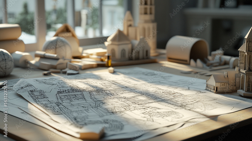 Poster architectural models and blueprints on a desk in sunlight