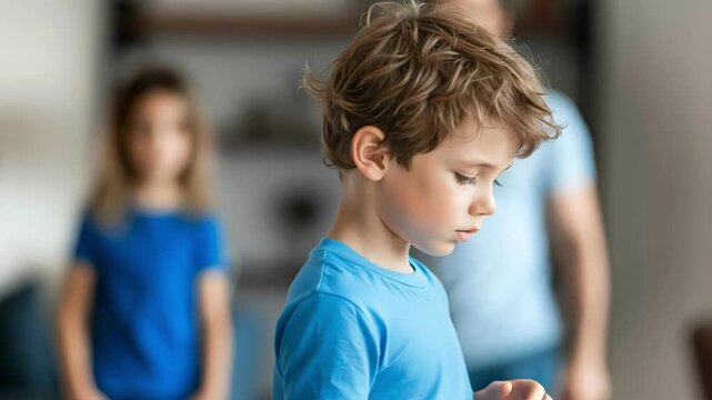 Sad boy in blue shirt indoors looking down and at camera with blurred family showing emotional tension and child feeling sad and emotional