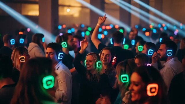 Silent Disco Crowd Dancing With Glowing Headphones
