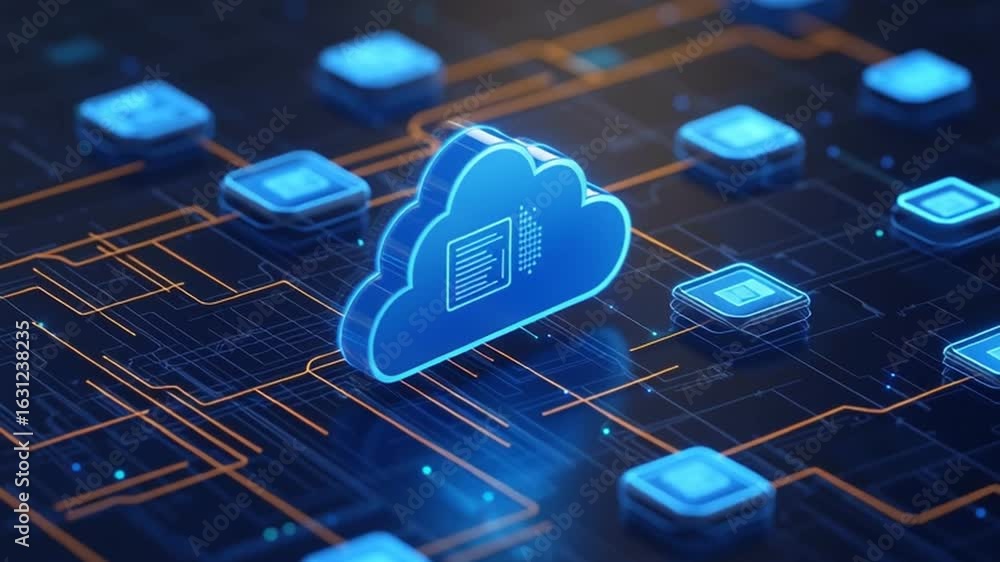 Poster futuristic cloud data network technology digital connection storage glowing blue circuit interface c