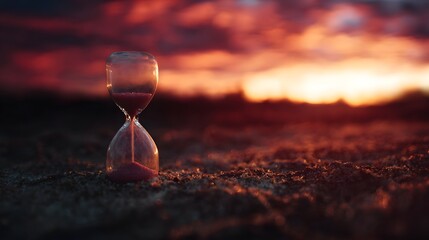 Hourglass against a dramatic sunset landscape