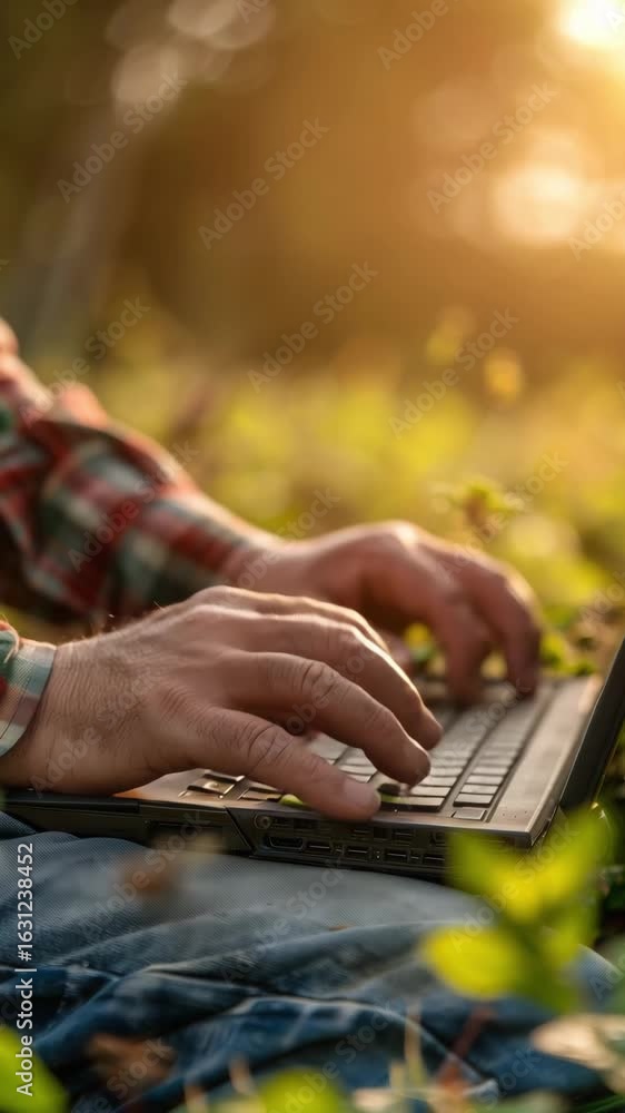 Fototapete close-up of a modern farmer working on a laptop computer with a blurred rural background. copy space