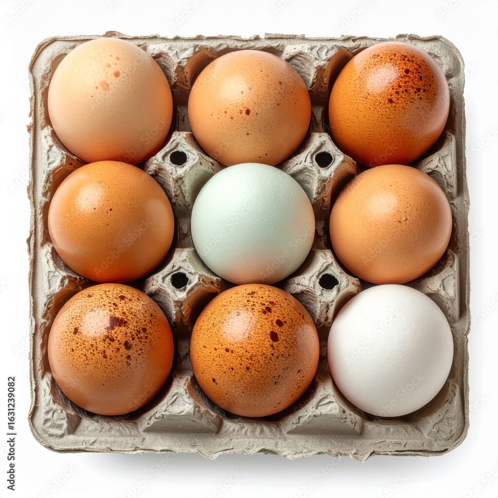 Poster aerial view of nine chicken eggs in a square cardboard carton with soft lighting and neutral backgro