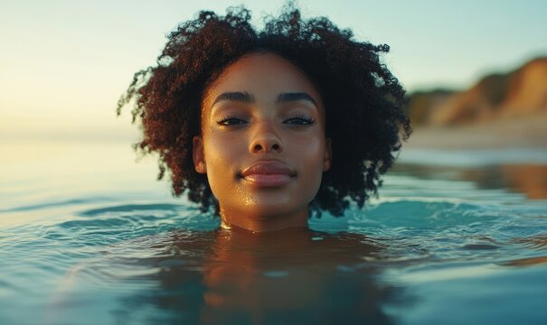 Black African American woman swimming on vacation holiday, wellness and self-care in a relaxed beach environment, Generative AI - Powered by Adobe