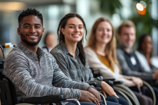 Workplace disability inclusion and accessibility. Inclusive image of a diverse group of disabled colleagues in wheelchairs, smiling at a team-building workshop event, Generative AI
