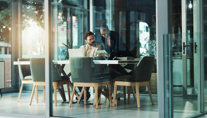 Planning, business people and team with tablet in office for proposal, help or financial feedback. Cooperation, investment banker and tech for discussion, economy news and idea in boardroom meeting