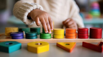 Toddler stacking colorful wooden puzzle circles, squares, and triangles on an interactive board at school or home, developing fine motor skills and problem solving abilities
