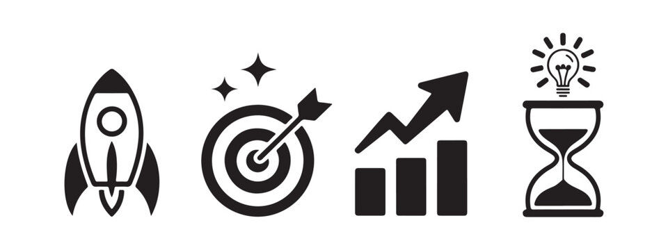 A set of business icons representing startup launch, strategic goal achievement, financial growth, and innovative ideas over time.