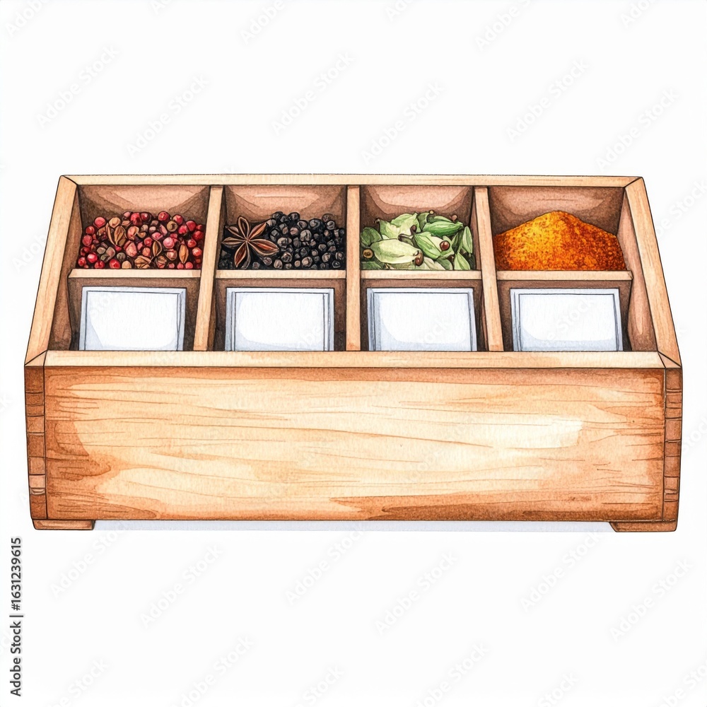 Poster wooden box filled with assorted colorful spices in a natural and rustic style