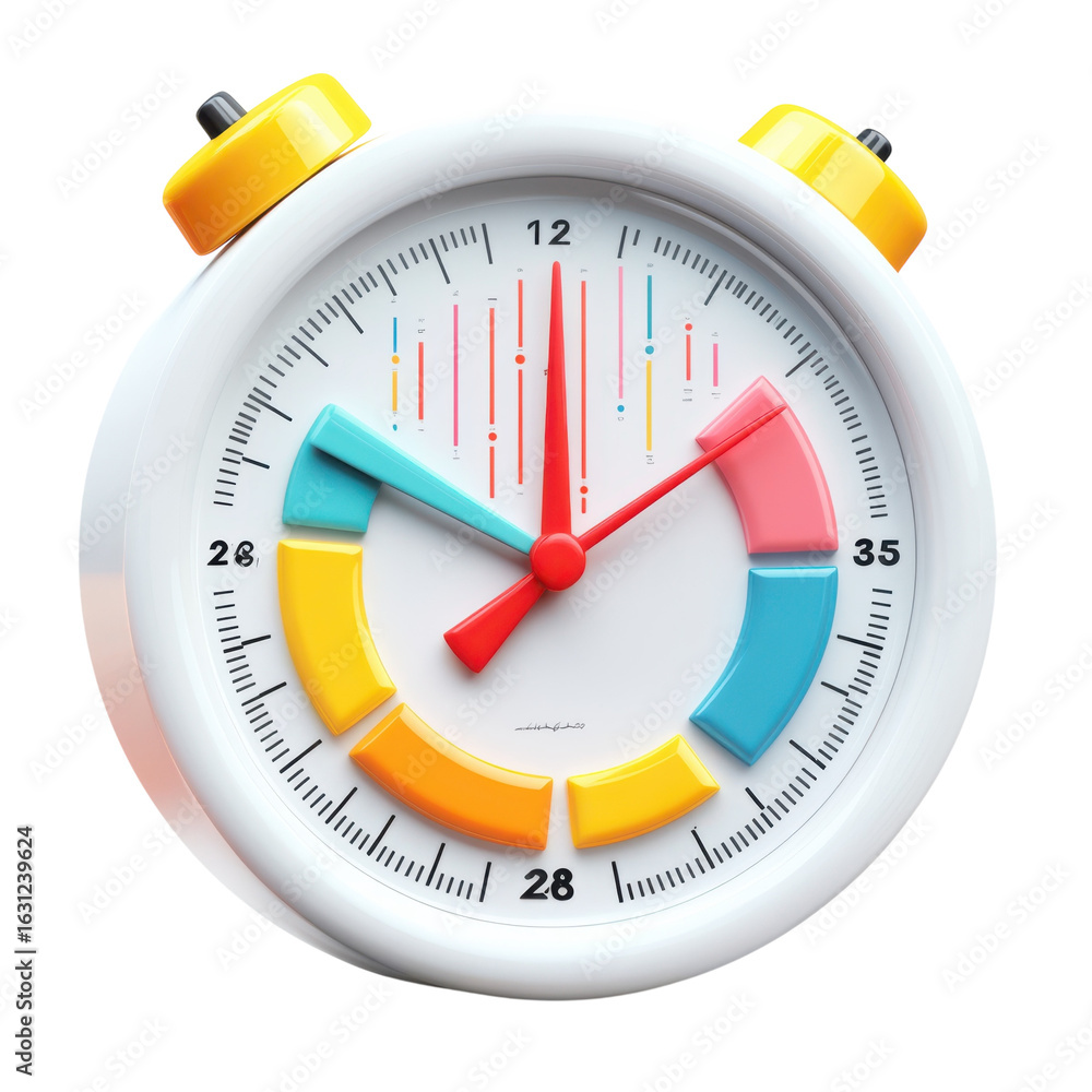 Poster colorful stylized clock face displaying time management, productivity, and deadline concepts for bus