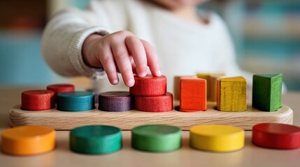 Toddler stacking colorful wooden puzzle shapes on interactive desk, developing fine motor skills and problem solving abilities through educational play