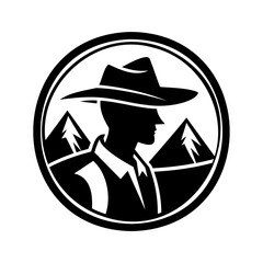 Adventurous Explorer Silhouette Amidst Majestic Mountain Peaks in a Circular Emblem