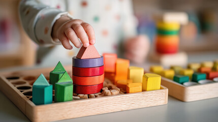 Child's hand placing colorful wooden pieces on top of each other, forming a triangle, demonstrating early childhood development and understanding of shapes