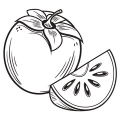 A black and white vector drawing of a persimmon, with one sliced to show inside, clean and minimal design.




