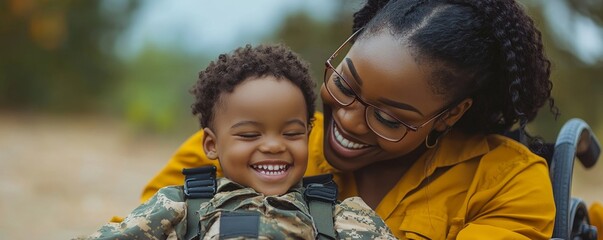 Cheerful disabled Black African American girl with special needs sitting in a wheelchair, smiling with her mother. The image celebrates the importance of family bonding in an inclusive, Generative AI