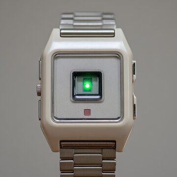 Square, light beige watch with metal band, green LED