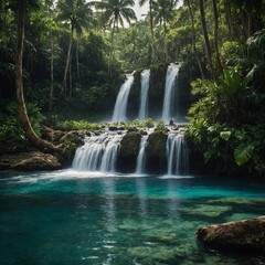 A crystal-clear river flowing through a dense jungle