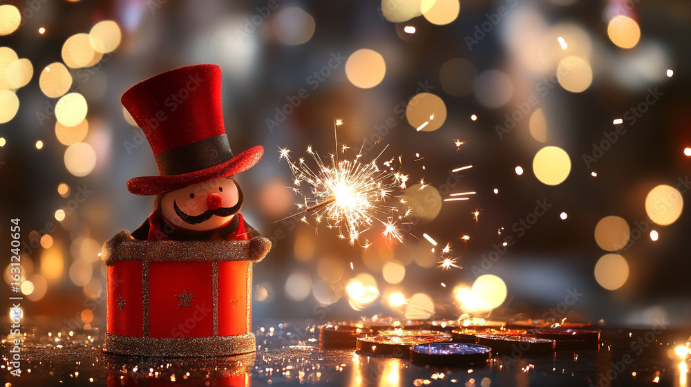 Poster festive jack in the box with sparkler and bokeh lights