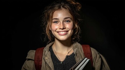 and keyword list based on the image, optimized for discovery

 Smiling Woman Holding Books Portrait in Dark Room with Natural Lighting