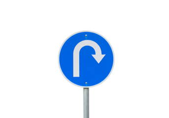 U-Turn Road Sign: Blue Circle on White Post