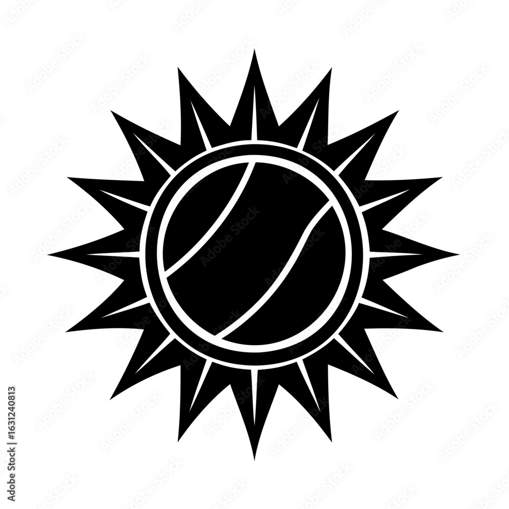 Poster black sun symbol with sharp rays and internal lines representing energy