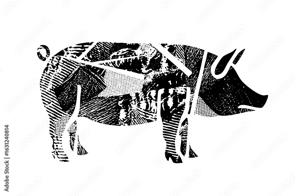 Poster vector intricate pig features textured and bold lines.