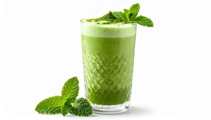Refreshing Green Mint Smoothie in Faceted Glass on White Background with Garnish