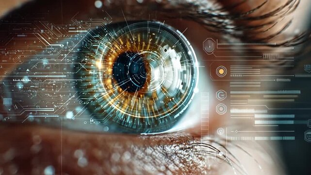 Eye of Technology: A close-up view of an eye, augmented with a futuristic overlay of digital elements, symbolizing the fusion of technology and human perception.