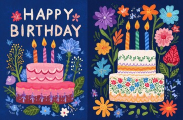 Two birthday cards featuring cakes surrounded by flowers