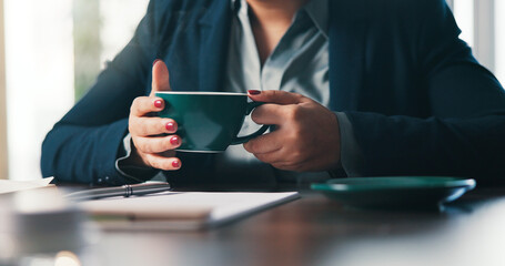 Office, employee and hands with coffee, morning or lawyer with hot beverage, productivity and latte. Corporate, attorney and person with tea cup, desk and mug to start day at work or law firm
