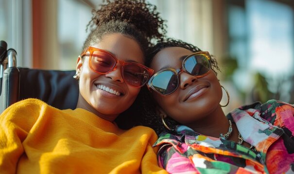 Cheerful disabled Black African American young child with special needs sitting in a wheelchair, smiling with mother. This heartwarming moment celebrates inclusion and family love, Generative AI