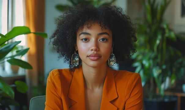 Young woman working remotely on a virtual video team meeting call, embodying the flexible work culture concept. Inclusive and diverse workplace dynamics are demonstrated, Generative AI